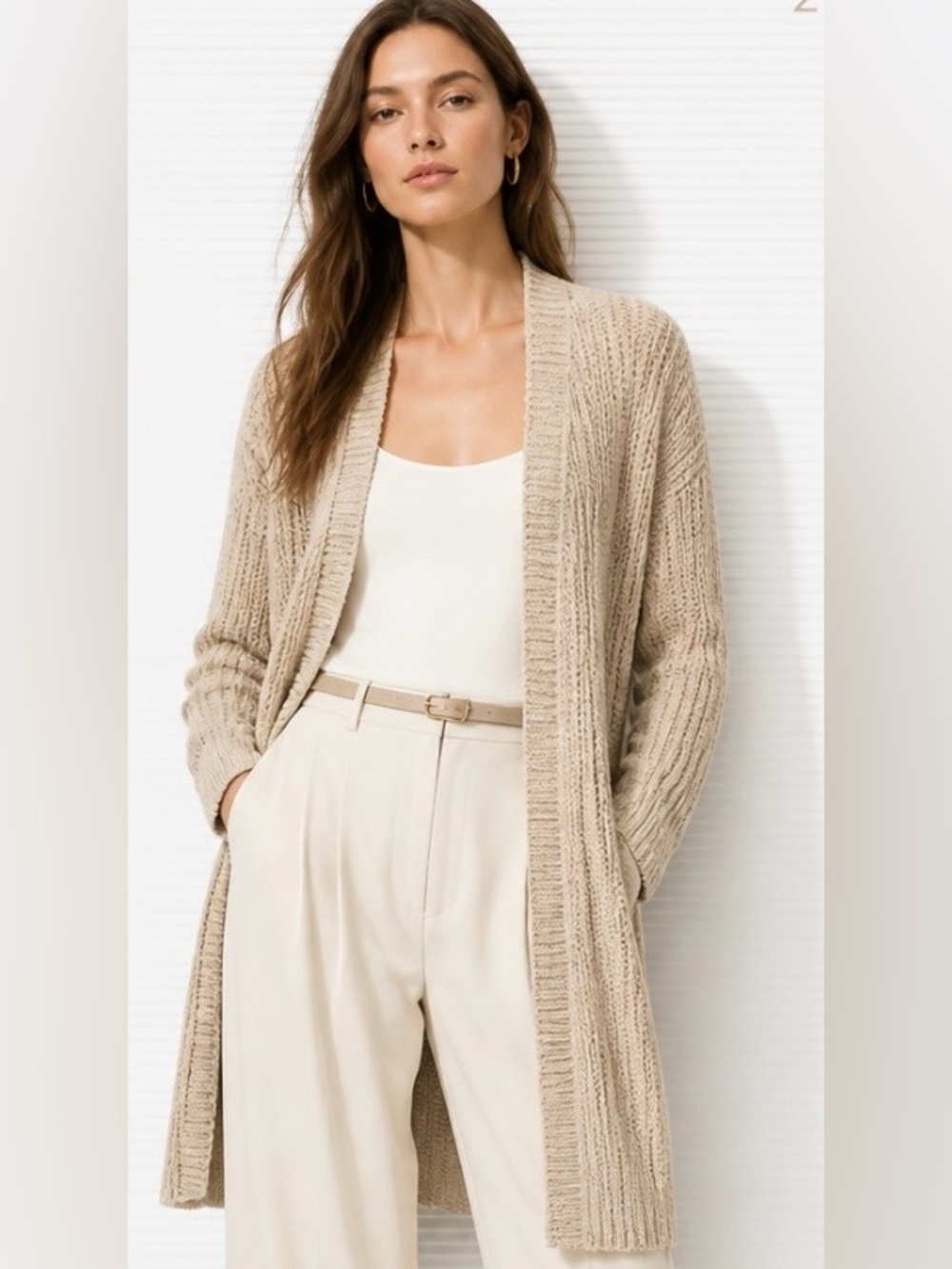 EILEEN FISHER Cardigan Sweater Organic Cotton Open Loose Knit Beige Tan